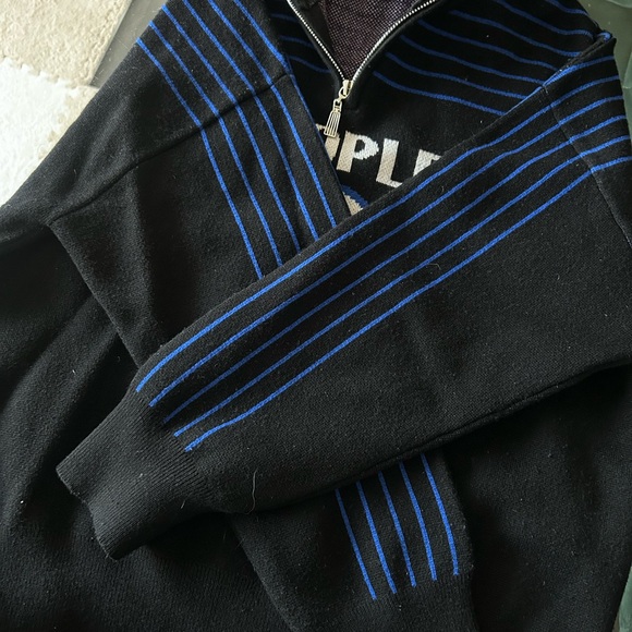 Sandro Black Zip-Neck Wool Knit Sweater with Blue Stripe Accent - Picture 4 of 5